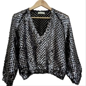 Vintage Sequin 70's THREE‎ FLAGGS Cropped Pullover V-Neck Top M-L Black …